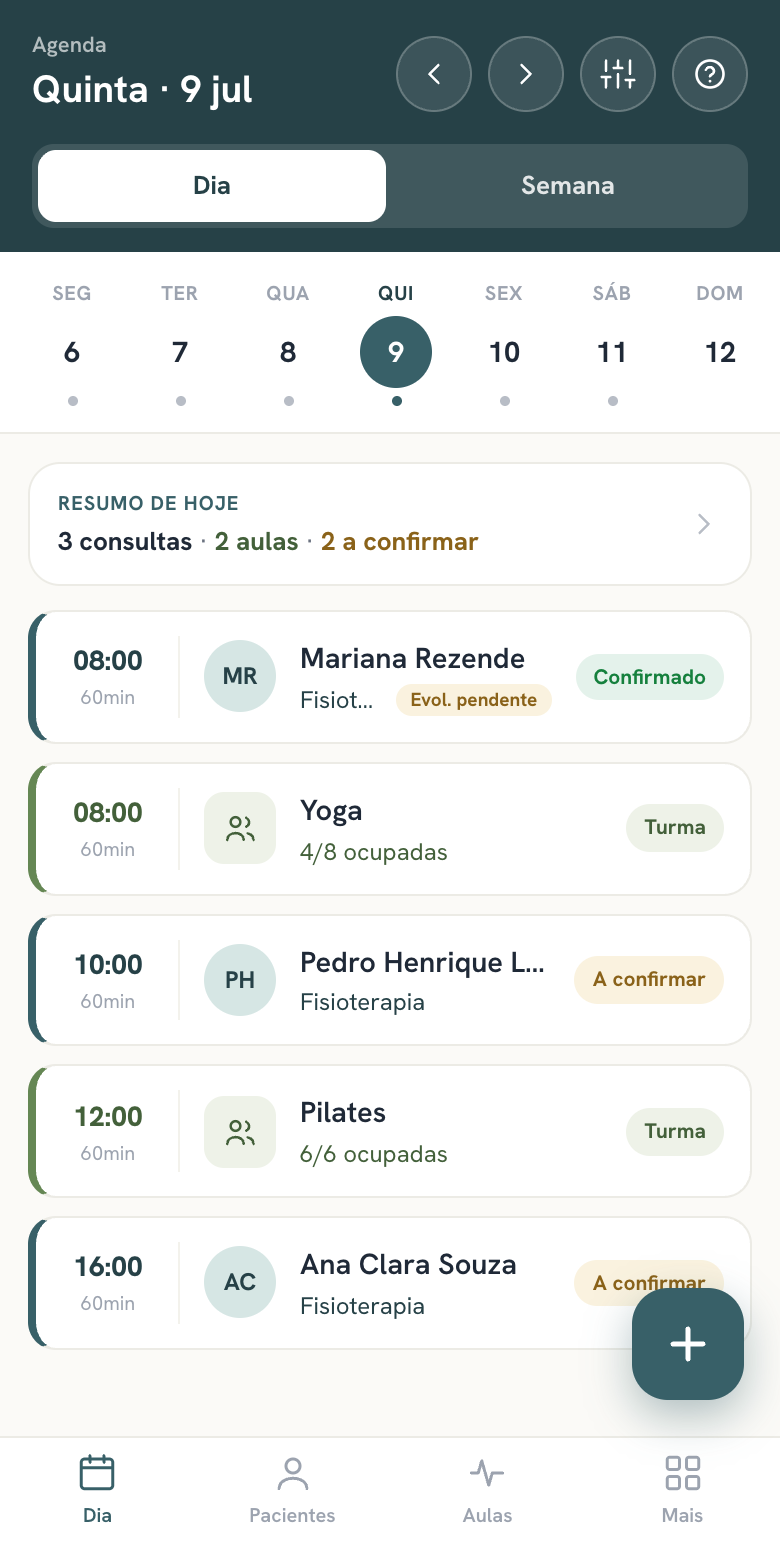 Agenda do dia no celular: consultas e turmas com resumo de hoje