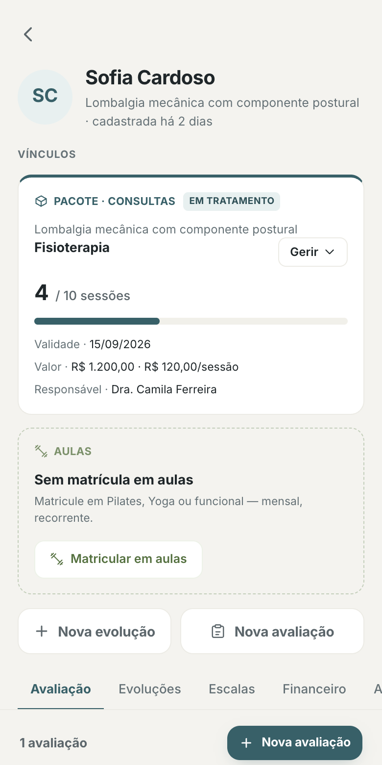 Ficha do paciente no celular: pacote de sessões com progresso e vínculos